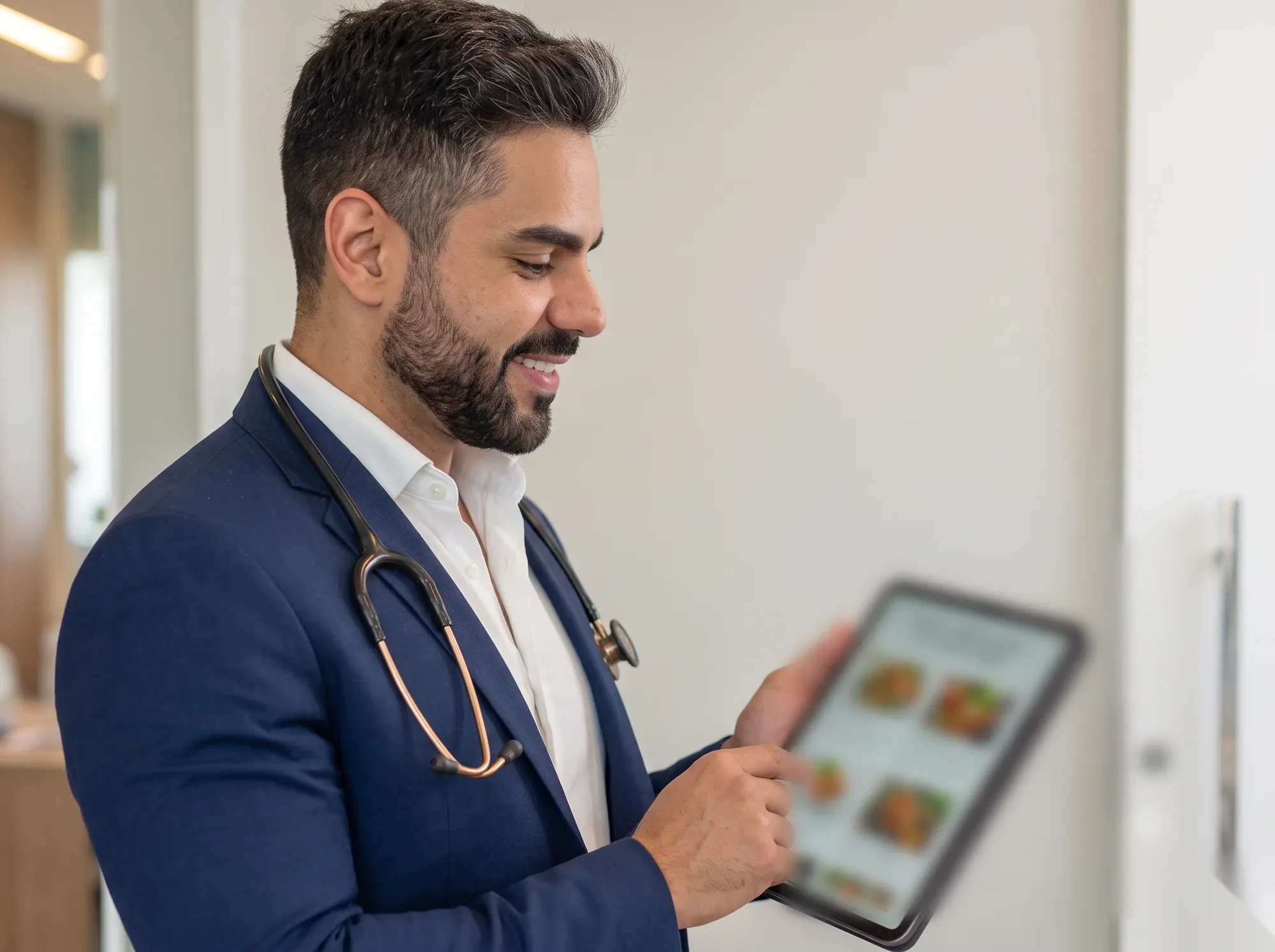 Dr. Mathaeus Lopes revisando dados clínicos em tablet